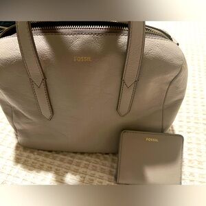 Grey fossil satchel purse with matching wallet